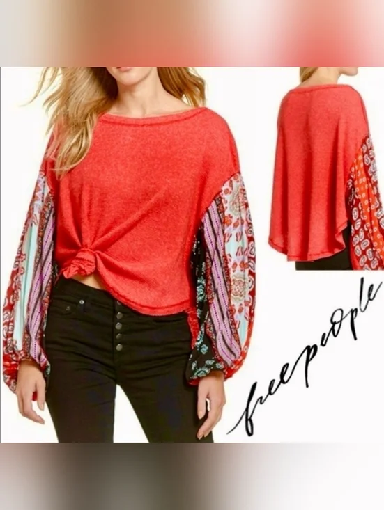 Free People We The Free Waffle Knit Boho Sleeves Blossom Top Oversized M - Picture 4 of 16